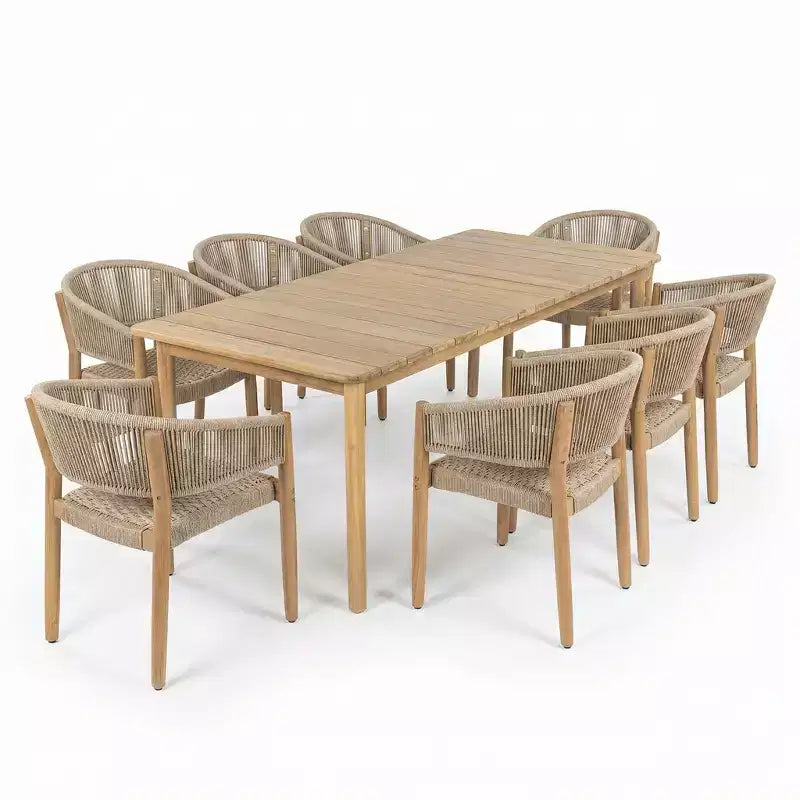 Christopher Knight Home Emeric Bohemian 9 Piece Outdoor Acacia Wood Rope Dining Seating with Slatted Table