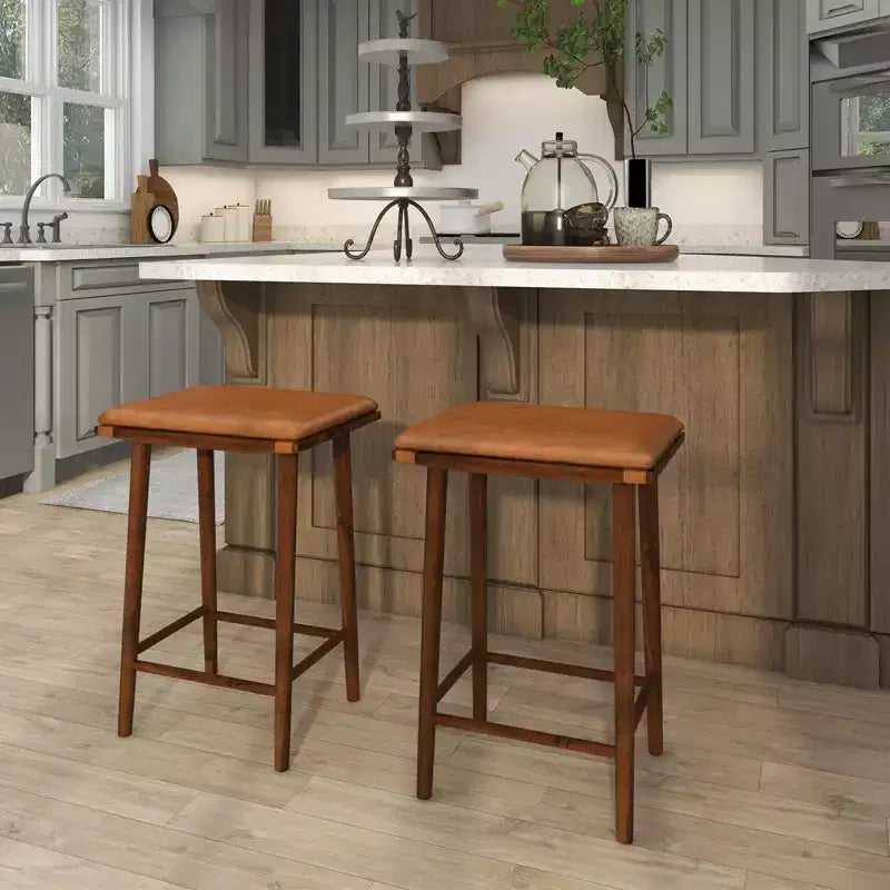 25.5 Dining Barstool w/ Footrest & Removable Cushion Rubber Wood & Acacia Wood Frame