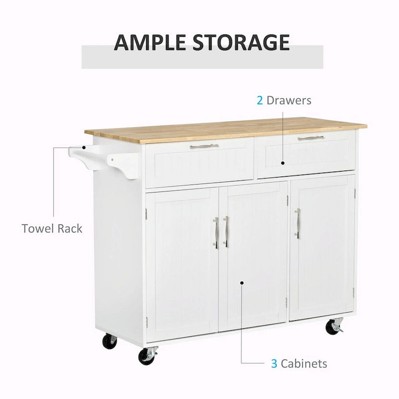 Rolling Kitchen Island Cart with Natural Wood Top 2 Drawers 3 Cabinets and Towel Rack