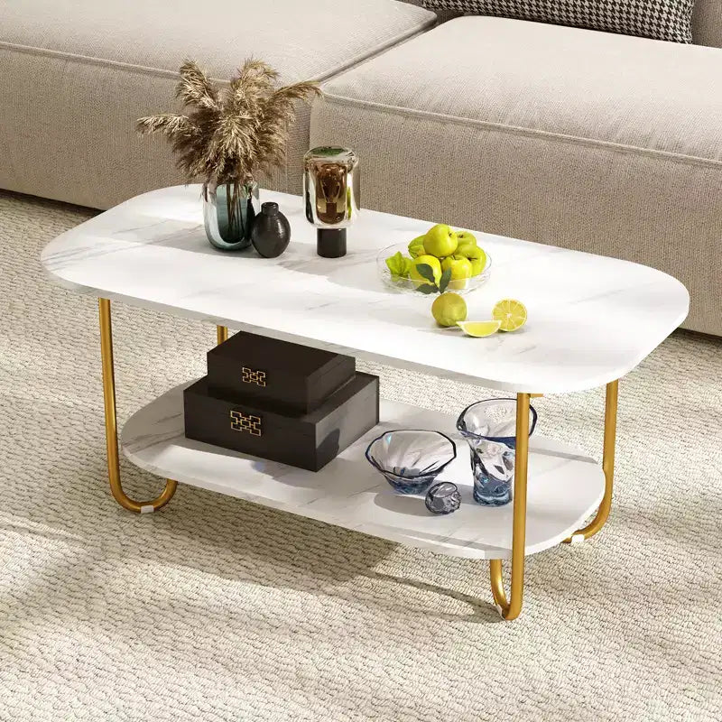 Costway Faux Marble Top Coffee Table w/Metal Frame Rounded Corners & Storage Shelf