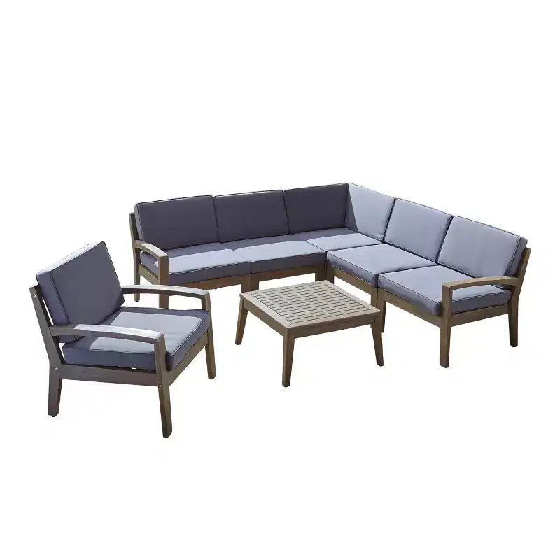 GDFStudio Parma Outdoor Acacia Wood 6 Seater Sectional Sofa and Club Chair Set with Cushions