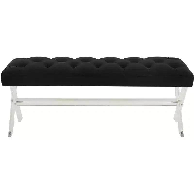 Black Tufted Velvet Bench – Clear Acrylic Legs, Seats 2