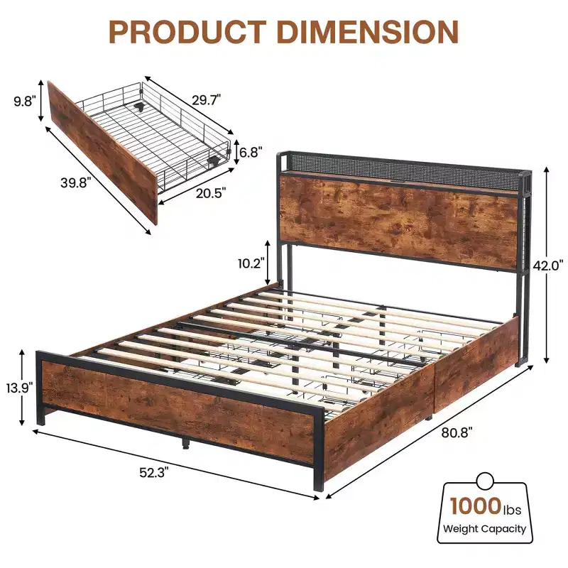 GustoWave Full/Queen Size Solid Wood Platform Bed Frame with 4 Storage Drawers & Charging Headboard - Brown