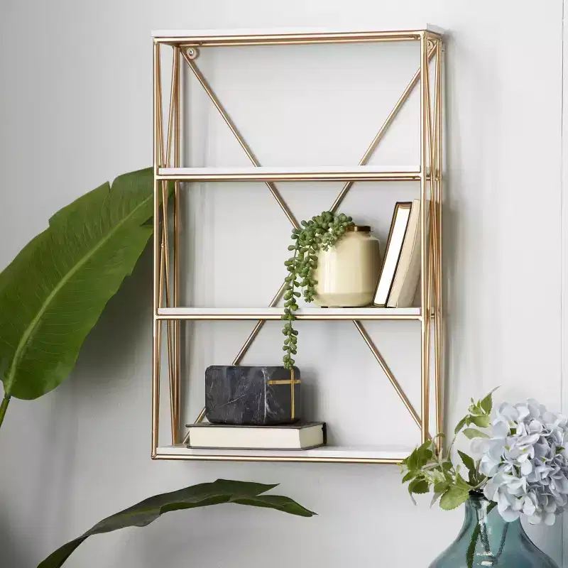 Olivia & May 24"x16" Wooden 4 Shelves Wall Gold : Polished MDF, No Assembly, Luxury Glam Decor Style