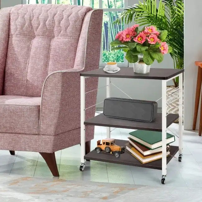 Rustic Brown 3-Tier Rolling Baker's Rack Microwave Cart with S-Hooks
