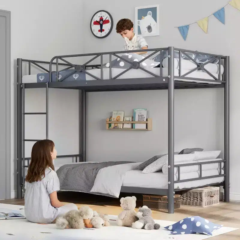 Twin Over Twin Metal Bunk Bed with Floral Design & Full-Length Safety Guardrail