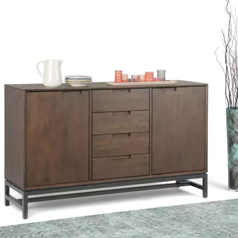 60 Devlin Mid-Century Sideboard with Centre Drawers Walnut Brown - WyndenHall: Hardwood Credenza, Adjustable Shelves