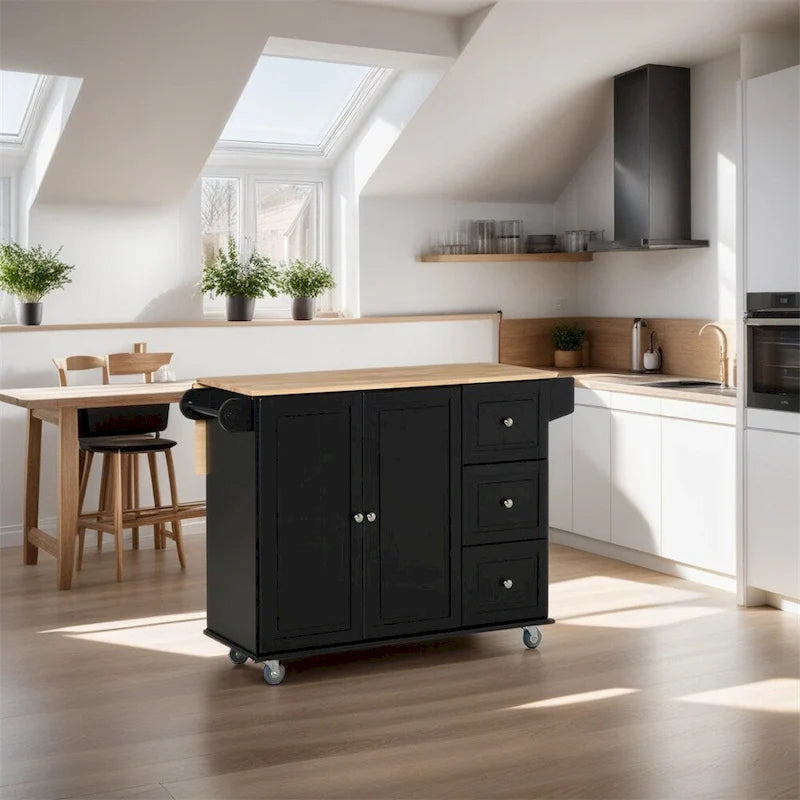 Black Rolling Kitchen Island with Drop-Leaf Top Three Drawers and Spice Rack