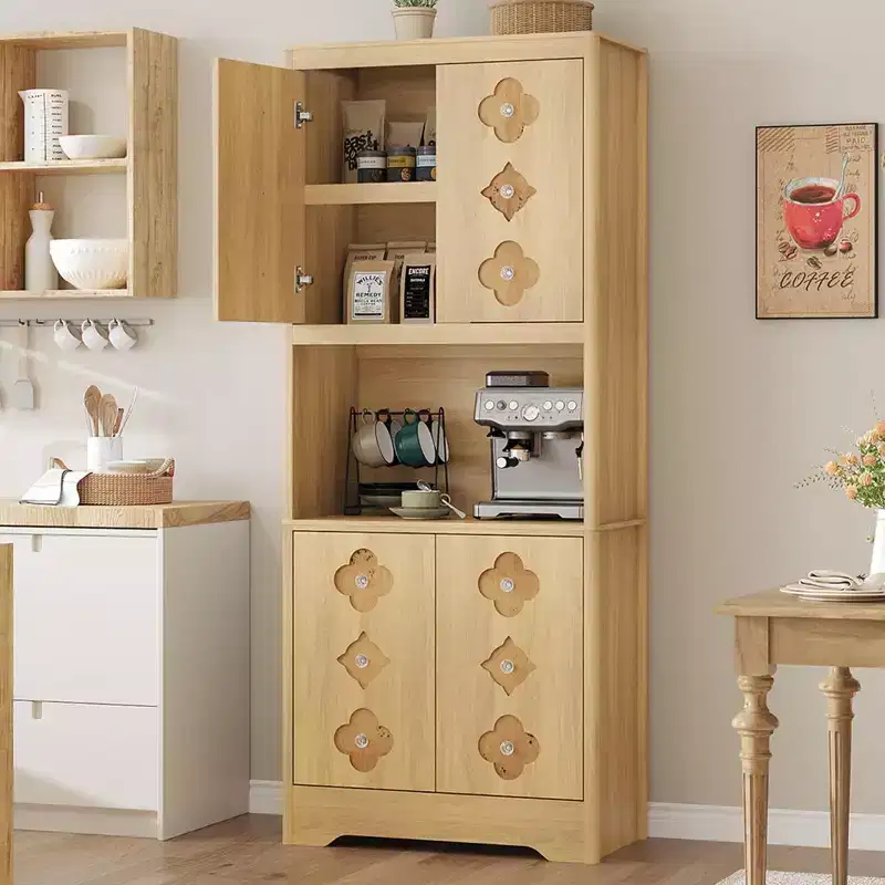 Kitchen Pantry Cabinet,72 Tall Storage Cabinet with Countertop,Freestanding Wooden Hutch Cupboard with Carved Door & Crystal Handle, for Dining Room