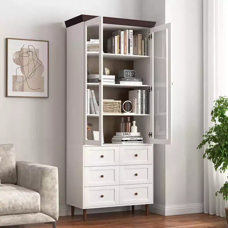 White MDF Display Cabinet with Glass Doors & Adjustable Shelves