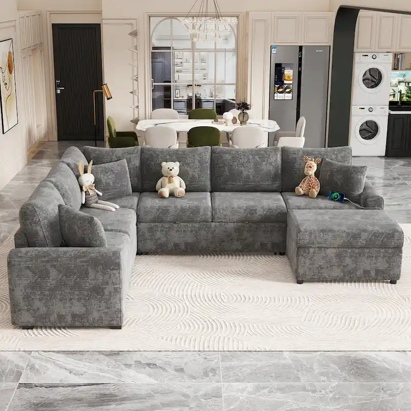 Chenille Sectional Sofa Pull-out Sofa Bed, L-Shape Sleeper Sofa with Storage Ottoman, 3 Pillows and Charging Devices