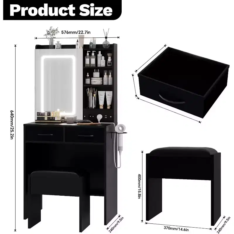 Small Vanity Desk with Mirror and Lights, Makeup Vanity Table with 2 Drawers & Open Shelves & Stool, Dressing Table Set for Bedroom