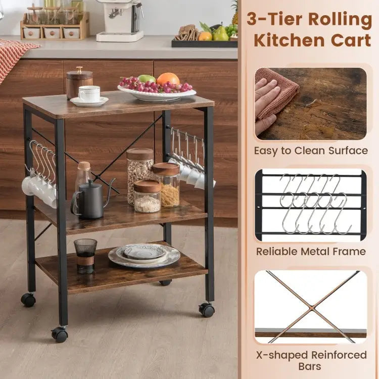 Rustic Brown 3-Tier Rolling Baker's Rack Microwave Cart with S-Hooks