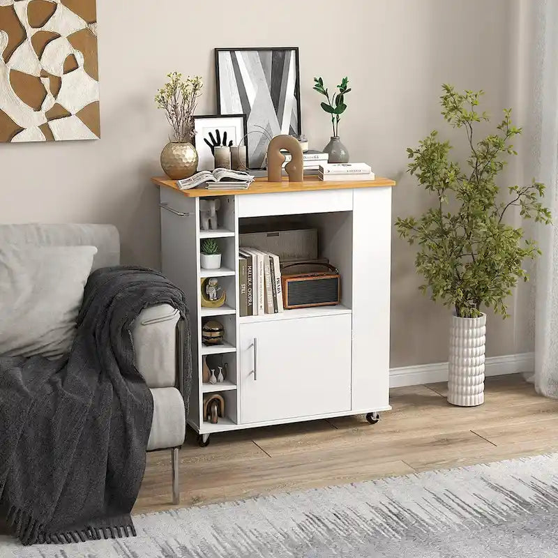 White Rolling Kitchen Cart with Wine Rack Cabinet and Bamboo Countertop