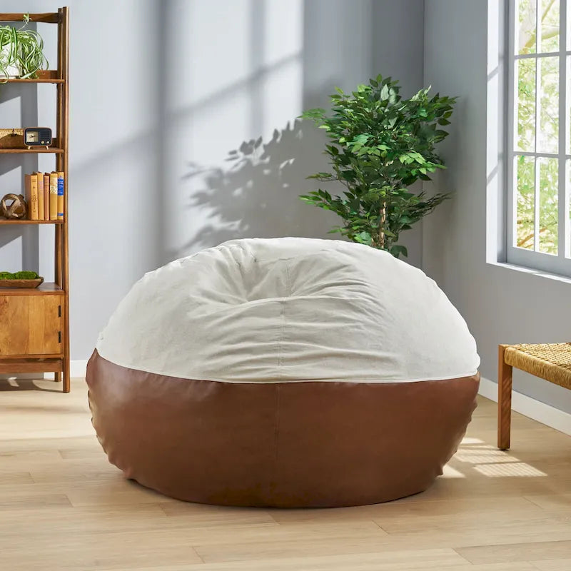 Modern 5 Foot Two Toned Fabric and Faux Leather Bean Bag