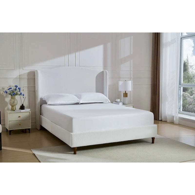 King Wingback Upholstered Bed | 54 Camelback Headboard | Cream Chenille | 1000 lb