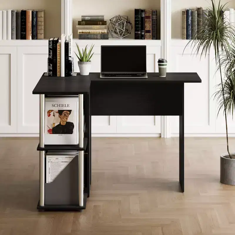 L Shaped Computer Desk Corner Study Writing Desk with Open Storage Shelves for Home Workspace