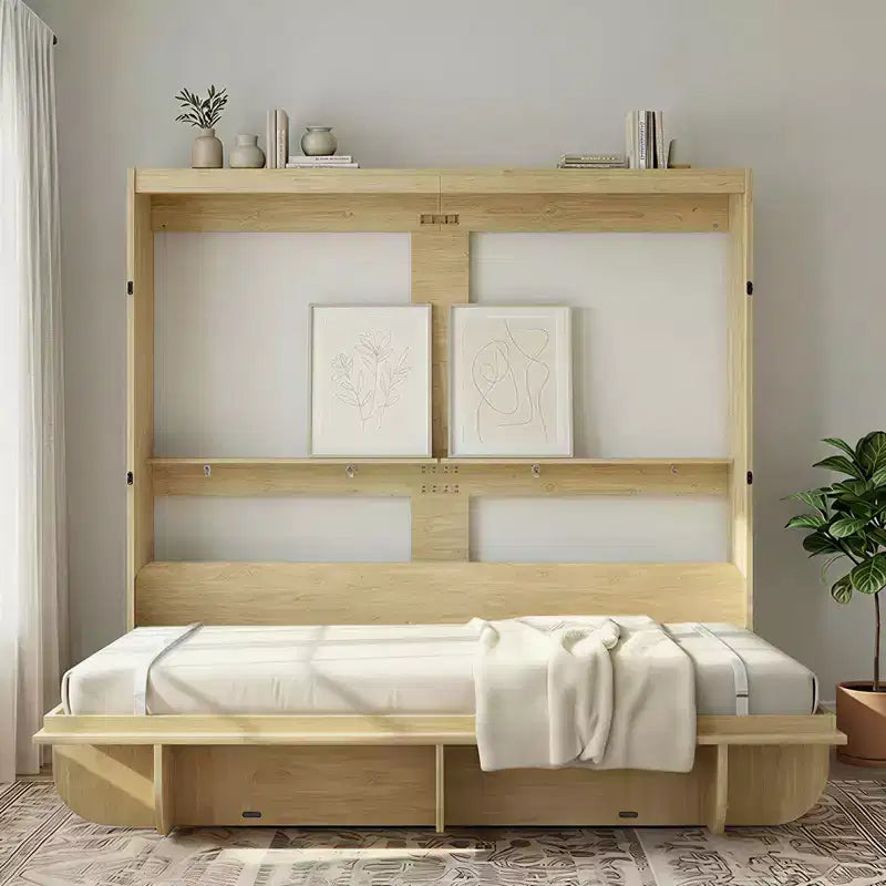2-in-1 Invisible Murphy Bed with Shelf Storage, Queen Size, Natural Wood (Mattress Not Included)