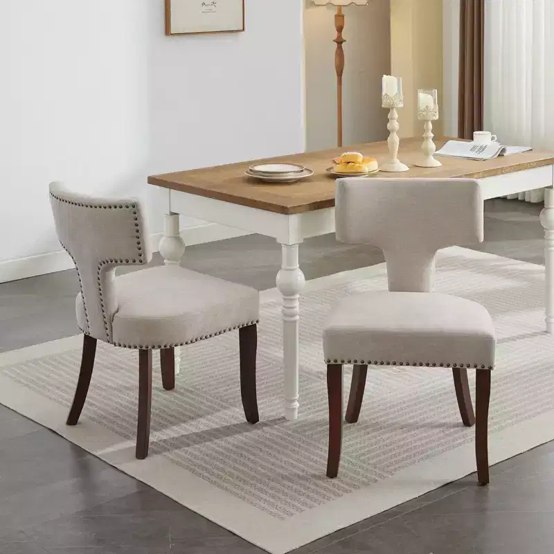TUYOHW Farmhouse Dining Chairs Set of 2,Mid-Century Modern Side Chairs Soft Linen Fabric with Solid Wood Legs,Nailhead Trim for Home Decor
