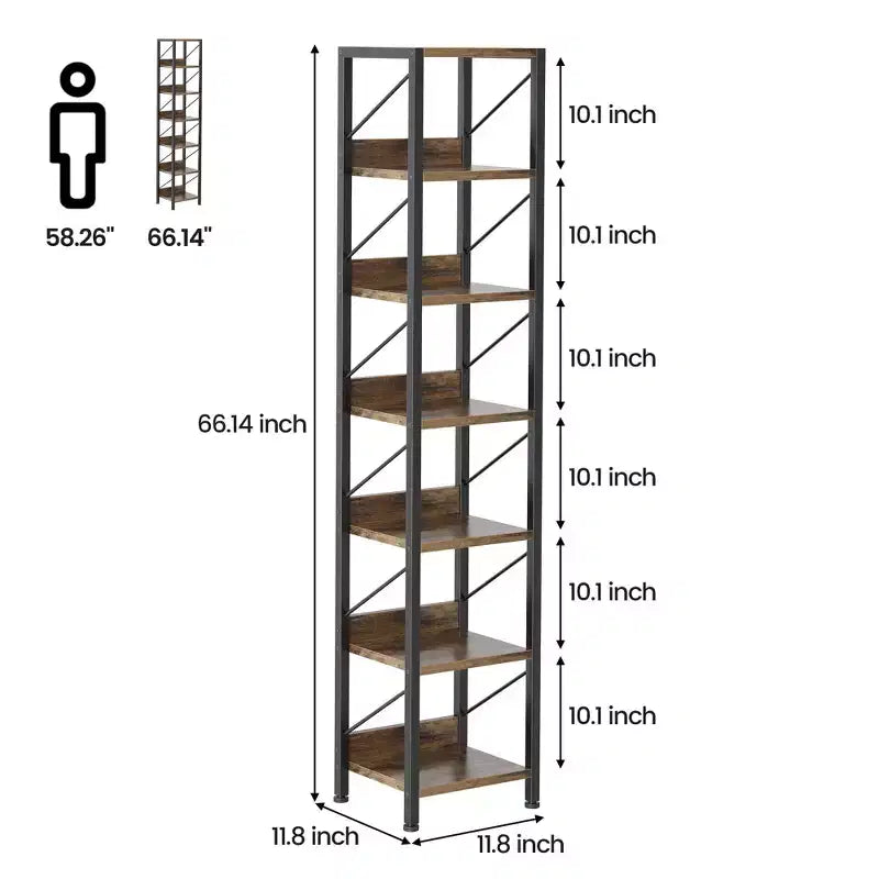6-Tier Narrow Bookshelf, Tall Slim Bookcase with Metal Frame - Rustic Industrial Corner Shelf, Freestanding Storage Rack for Bedroom, Living Room