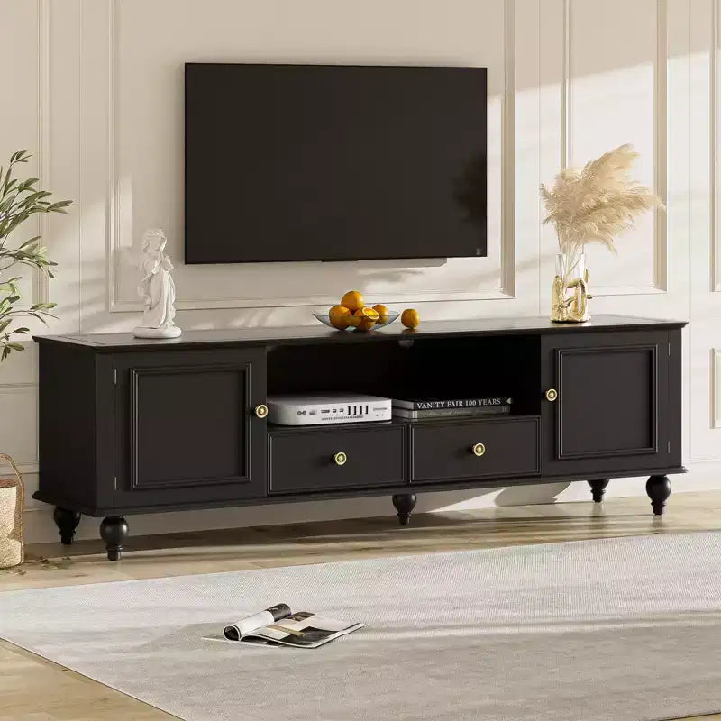 Modern TV Stand with Open Compartment 2 Drawers 2 Cabinets and 5 Solid Legs for Living Room Black
