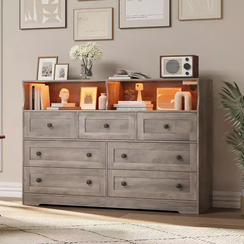 7-Drawer Wooden Dresser, with 2 Open Cubbies & LED Lights for Bedroom & Living Room, Antique Light