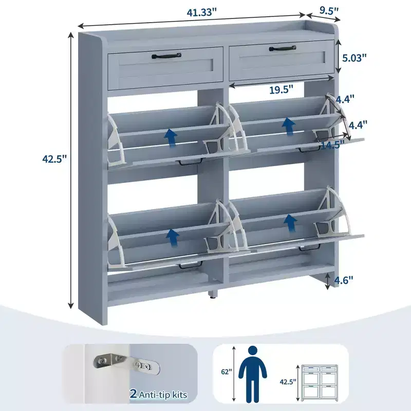 Meuble à chaussures avec 4 tiroirs à charnières et 2 tiroirs supérieurs, meuble de rangement à chaussures en bois avec étagère réglable, meuble de rangement à chaussures autoportant