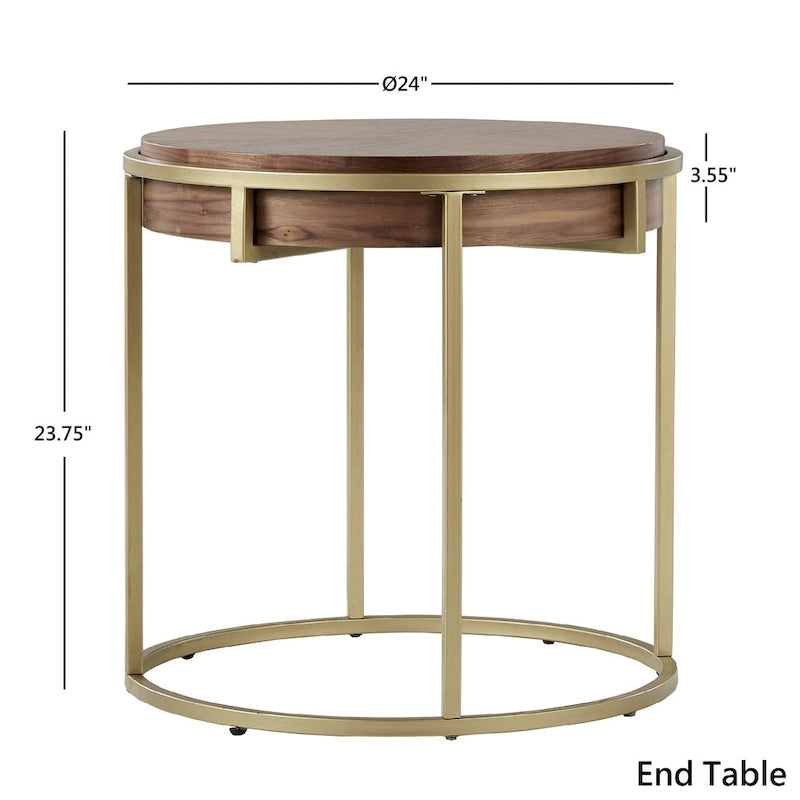 Round Coffee Table with Geometric Walnut Veneer Top and Gold Metal Base