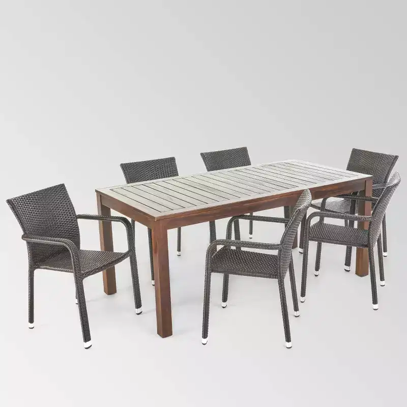 Newcastle 7pc Wood & Wicker Dining Set: Aluminum Frame, Weather-Resistant - Christopher Knight Home