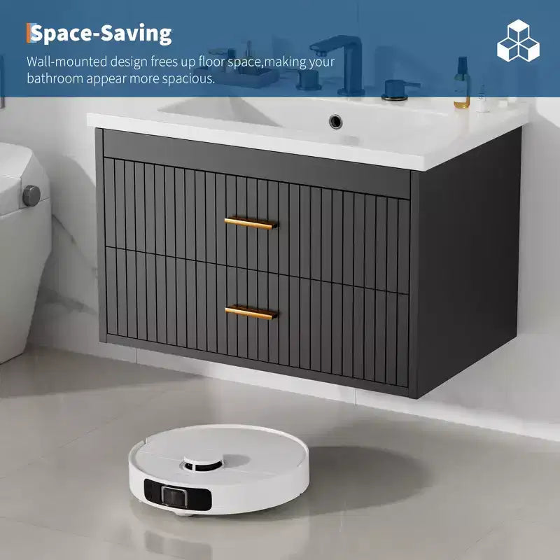 Floating Bathroom Vanity with Sink - Modern Wall Mounted Vanity with Ceramic Sink, 2 Large Drawers, Waterproof & Easy Clean