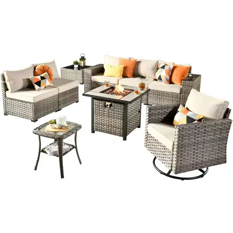 Marlton 9pc Wicker Outdoor Fire Pit Patio Furniture Set Conversation Sofa with a Swivel Chair and Cushions