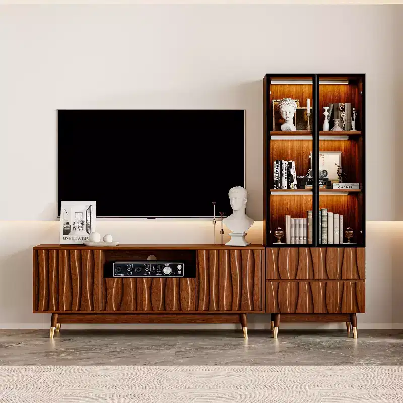 ATJafurn Walnut Mid-century Modern TV Stand and 3-Tier Glass Display Cabinet with drawers , Brown Wooden Entertainment Center Set for Living Room