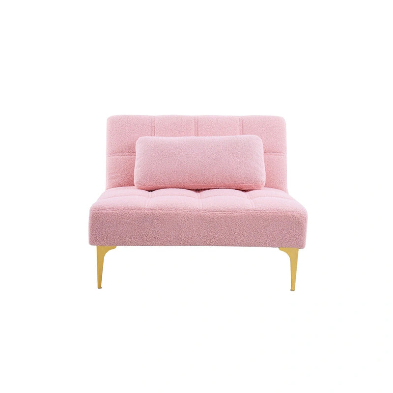 Pink Teddy Chenille Sofa Bed | 3-Position Futon | Solid Wood Frame | 300 lb | Gold Legs