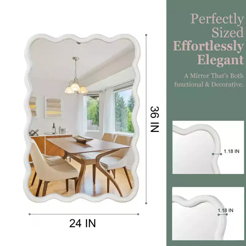 24 x 36 Wavy Rectangle Solid Wood Frame Decorative Mirror Modern Farmhouse Wall Mirror For Bedroom Bathroom Living Room Entryway White