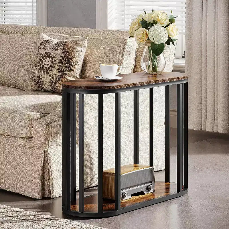 2-Tier Narrow Industrial End Table with Black Metal Frame - Brown, 11.81