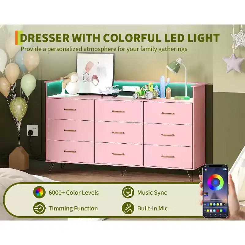 9-Drawer Tall Wooden Dresser, with APP-Controlled RGB Light & Charging Station for Living Room, Pink