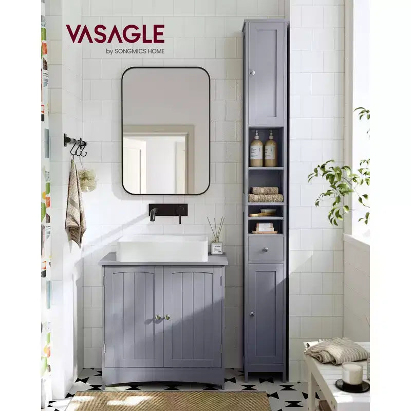 VASAGLE Tall Bathroom Cabinet, Slim Freestanding Bathroom Storage Cabinet with Adjustable Shelves, Drawer, Open Compartments, Dove Gray