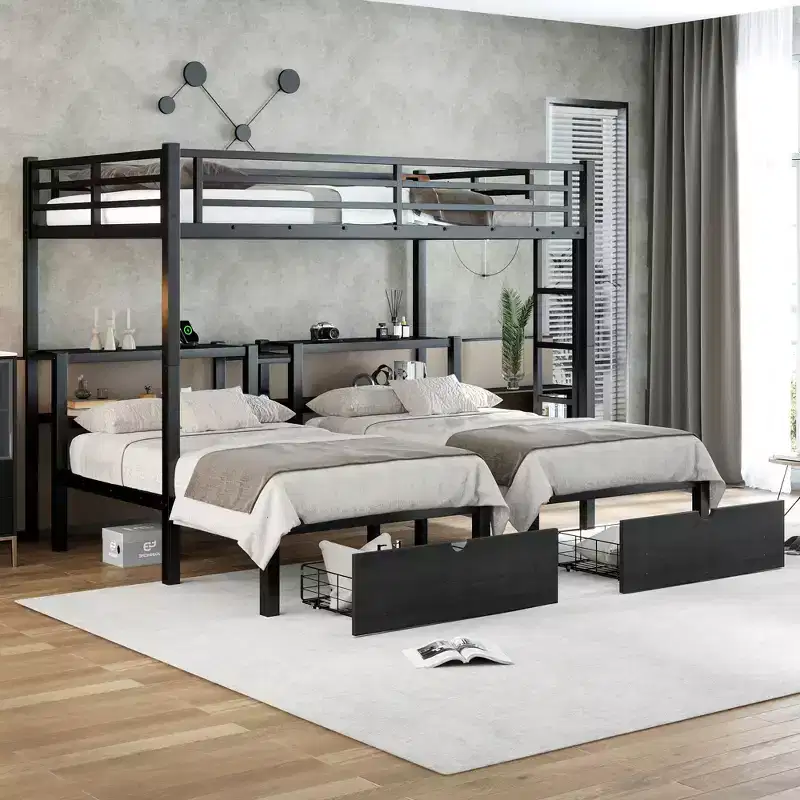 Full XL Over Twin & Twin Triple Bunk Bed with Drawers, Metal Frame, Shelving & USB, Black