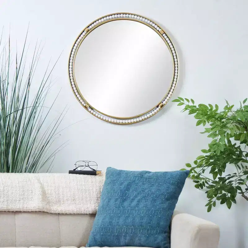 26"x26" Metal Wall Mirror with White Wood Beading Gold - Olivia & May: Luxury Glam Decor, No Assembly Required