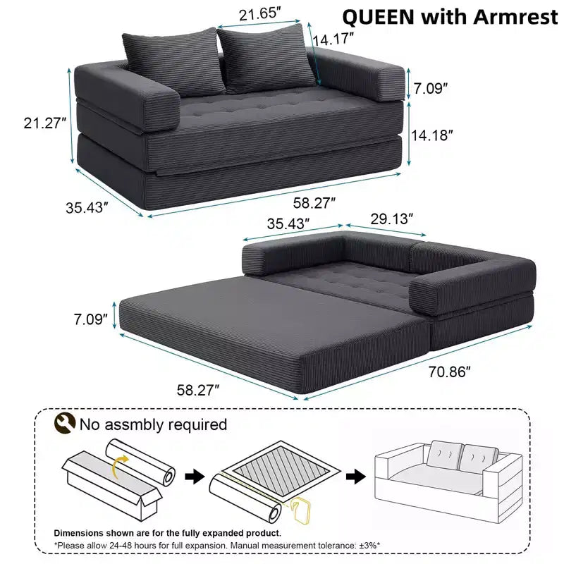 WARMOUNTS Foldable Sofa Bed with Adjustable Backrest & Armrest, Convertible Queen Size Sleeper Sofa for Living Room & Office