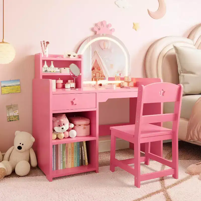 2-in-1 Kids Vanity Set with Stool, Adjustable Mirror and Storage, Playroom Makeup Desk for Toddlers and Little Girls, Easy Assembly Safe Design