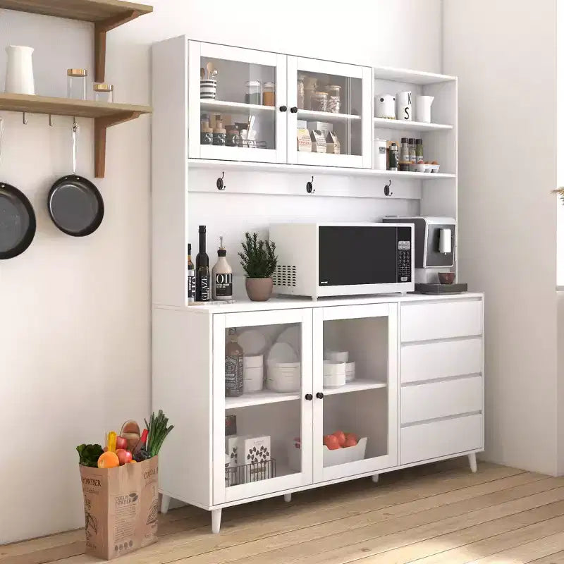 63W Kitchen Hutch Cabinet Kitchen Pantry Storage Cabinet Buffet Cabinet Cupboard with Drawers, Hanging Hooks and Microwave Shelf, White-ModernLuxe