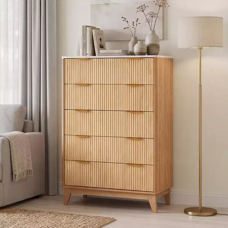 Modern Fluted 5 Drawer Dresser for Bedroom, Vertical Storage Tower with Gold Handles, Narrow Chest of Drawers for Small Space