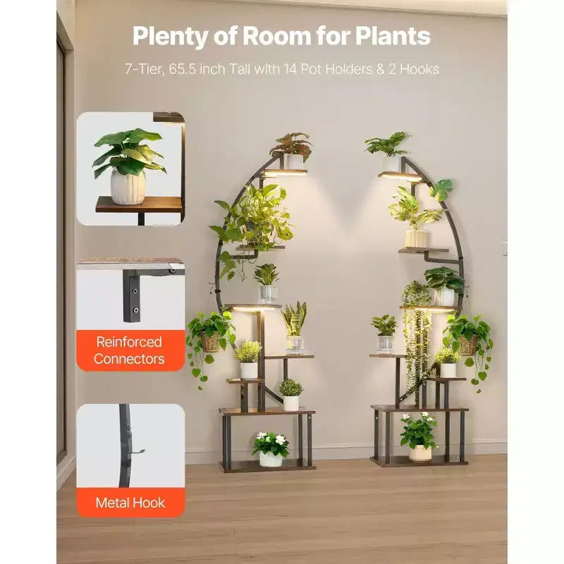 VIYET 2-Pack 65.5 Tall 7-Tier Half-Moon Metal Plant Stand, Indoor with Grow Lights, 3 Timer &10 Brightness