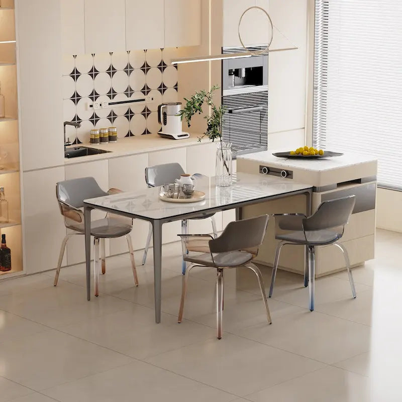 Carbon Grey White Rectangular Dining Table, Sintered Stone & Tempered Glass Top, Seats 6