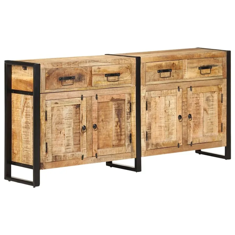 Industrial Solid Mango Wood Sideboard with 2 Doors & 4 Drawers, Steel Frame, 67.7x13.8x31.5 in