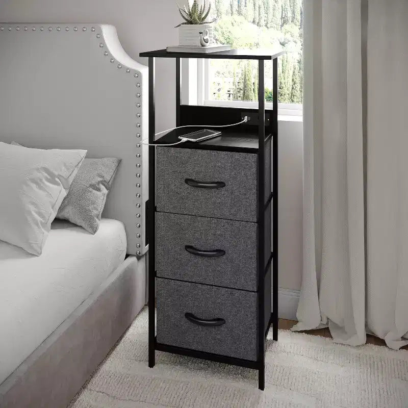 Flash Furniture Sodano 3 Drawer Nightstand with Charging Station, 2 USB Ports and 1 Outlet, Metal Frame, Engineered Wood Top, Drawers and Handles
