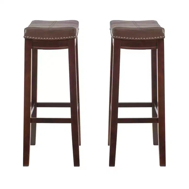 Set of 2 Faux Leather Barstools - Armless, Backless with Footrest, Fixed Height