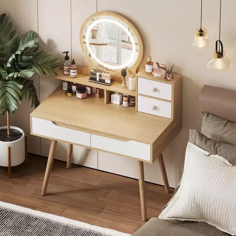 GDFStudio Kael Modern Mirror Makeup Vanity Table with Adjustable Light, 4 Drawers and 3 Open Shelves