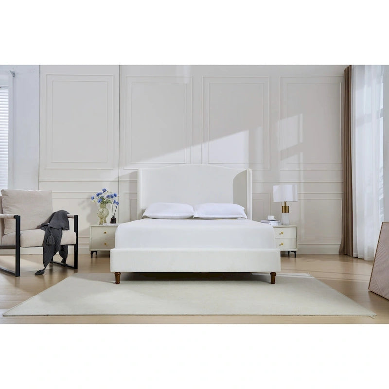 King Wingback Upholstered Bed | 54 Camelback Headboard | Cream Chenille | 1000 lb
